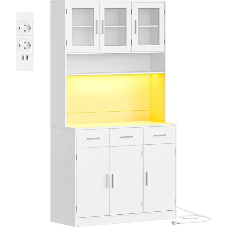 Buffetschrank, Küchenschrank mit 3 Schubladen, Hochschrank mit Steckdosenleiste und LED-Beleuchtung, 3 Schranktüren mit Glasfront, Küche, Wohnzimmer, 40 x 100 x 190 cm, Weiß – Bild 2