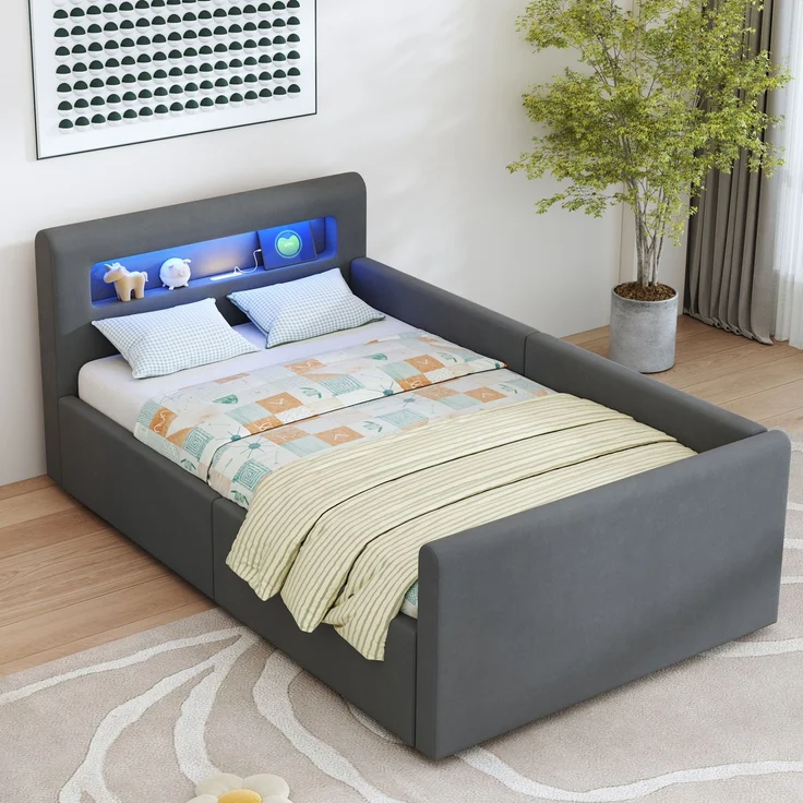 Polsterbett Kinderbett 90*200 cm, Mit LED-Licht, Mit Nachtlicht und USB-Ladeanschluss, Mit Regal, Mit Hydraulischem Stauraum, Einfaches Einzelbett, Jungen- und Mädchenbetten, Samtstoff, Dunkelgrau – Bild 3