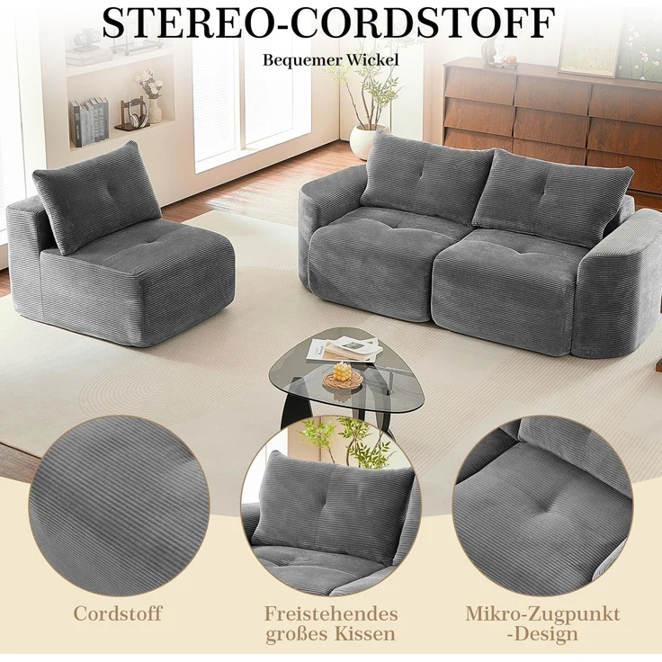 EINHOM Modernes modulares 3-Sitzer Sofa in Anthrazit – Wabi-Sabi Stil, Cord Stoff Sofa mit abnehmbarem Einzelsitz, 2+1 Konfiguration, Rippen-Design, Rundes Design – Bild 5