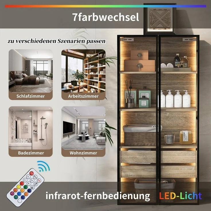 Merax Vitrine mit Glastüren (1-St) Badezimmerschrank mit LED,Mehrzweckschrank,Bücherschrank,Höhe 155cm – Bild 2