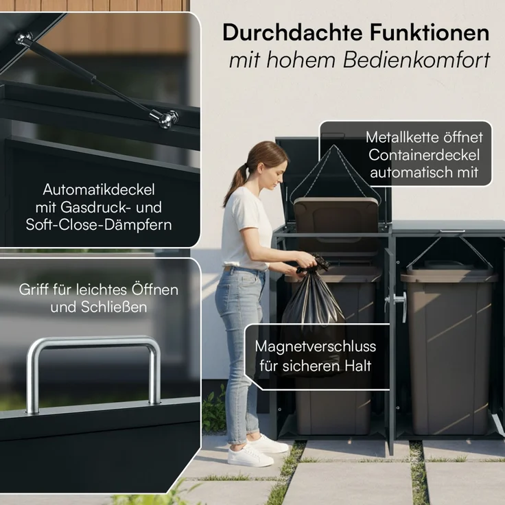STEELSØN 'Diorus' Mülltonnenbox 2er je 240 Liter, anthrazit, Mülltonnenverkleidung aus Stahl mit Sichtstreifen, wetterfest, 116x80x134 cm, abschließbare Müllbox für 2 Tonnen – Bild 3