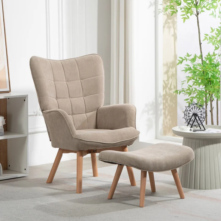 Akzentsessel mit Hocker, Relaxsessel in Cord-Optik, Armlehnstuhl mit Holzbeinen, für Wohnzimmer, Hellbraun--Khaki--80x72x101cm--YOUDENOVA – Bild 3