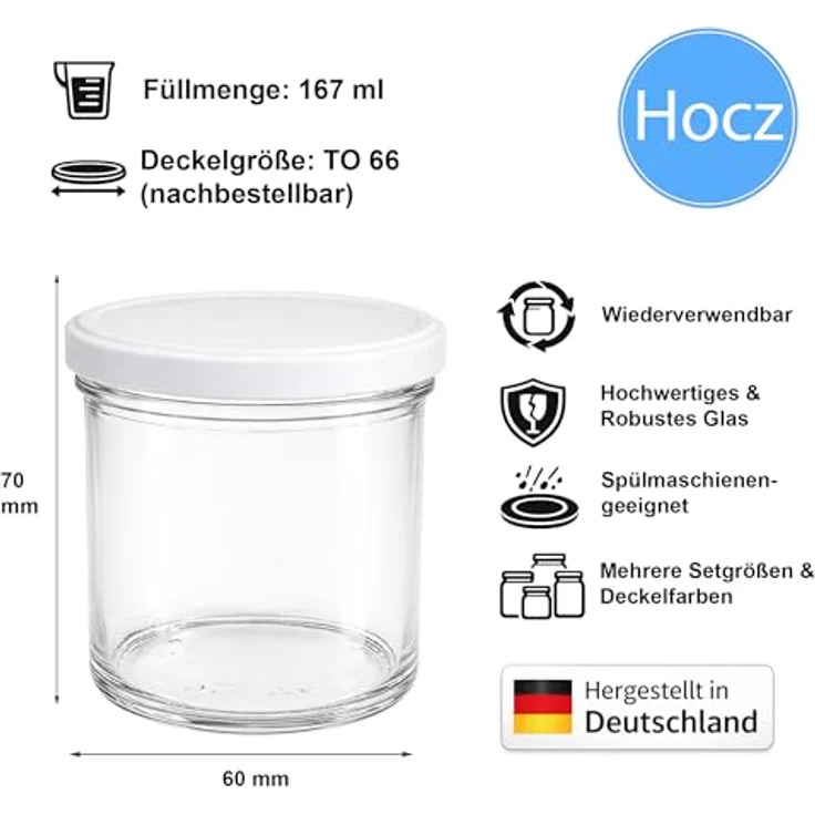hocz 6x Marmeladengläser 167 ml | mit Deckel Weiß TO 66 | Einmachgläser mit Schraubdeckel zum befüllen | Sturzgläser für Marmelade Schraubgläser | leere Gläser Set | 6 Stück – Bild 2
