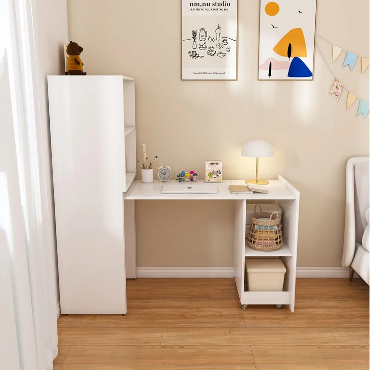 Ausziehbarer Schreibtisch aus MDF mit Stauraumschrank und verstellbaren Ablagen, 126x55x136 cm, Weiß – Bild 3