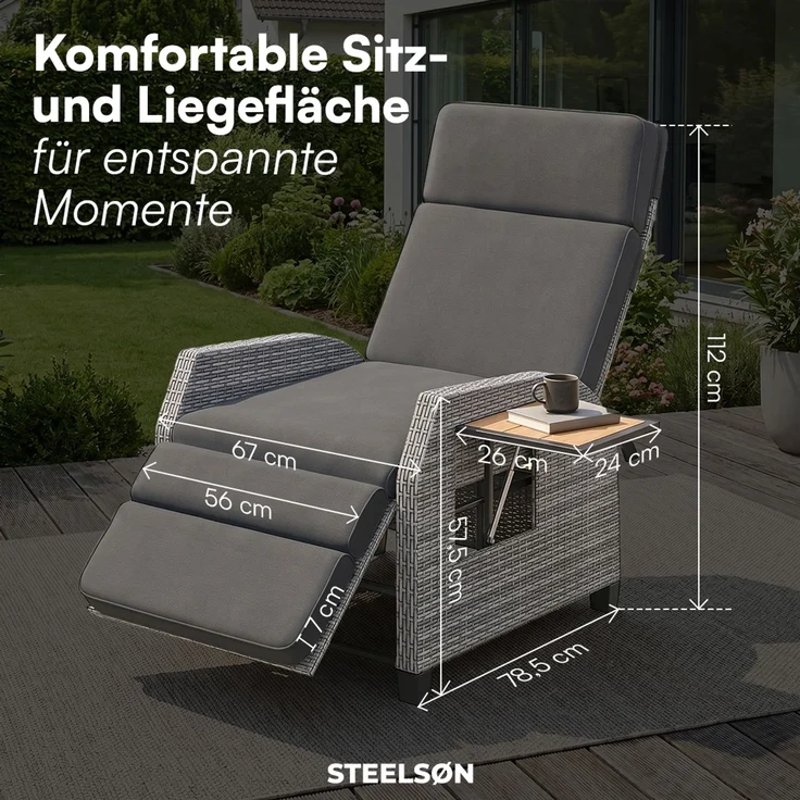STEELSØN 'Caelum' Polyrattan Sessel mit Liegefunktion, grau-meliert/Akazie, verstellbare Rückenlehne, inkl. Polster, Ausklapptisch, wetterfest – Bild 8