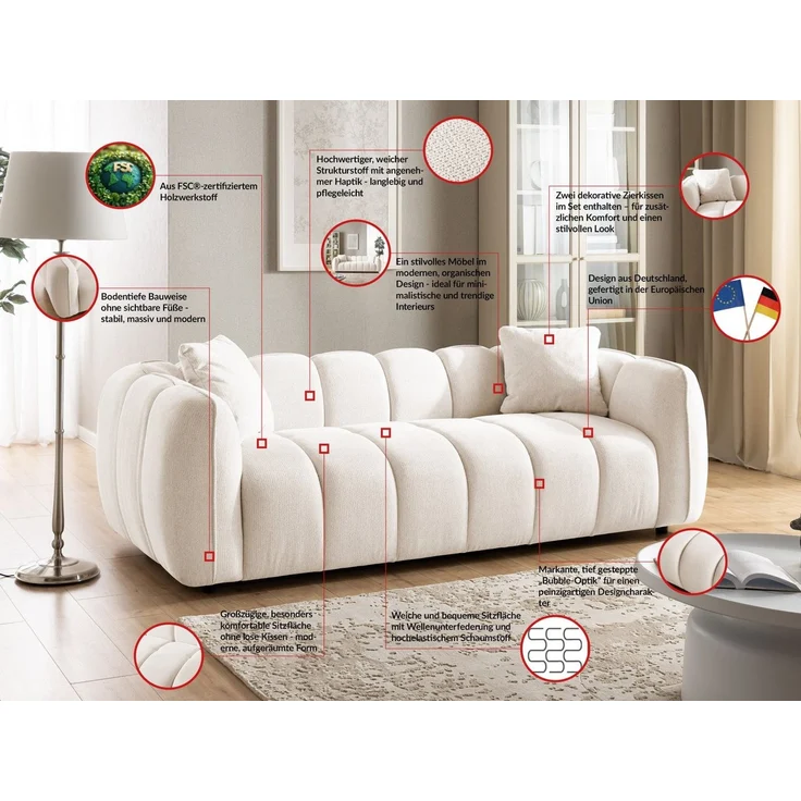 S-Style Möbel Sofa 3-Sitzer Nubira in tief gesteppter Bubble-Optik aus Strukturstoff, mit modernem Design und Wellenfederung – Bild 3
