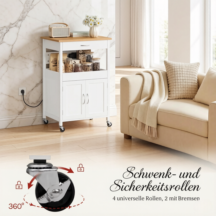 Küchenwagen 60 x 45 x 92 cm aus E1-MDF in Bambusoptik und Weiß mit Steckdosen – Bild 7