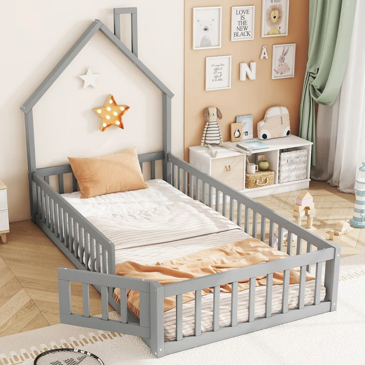 Kinderbett Hausbett 90x200 cm mit Schornsteinform, flaches Bett mit Lattenrost,Sicherheitsgitter für Sturzschutz, kreatives Design, Grau – Bild 2