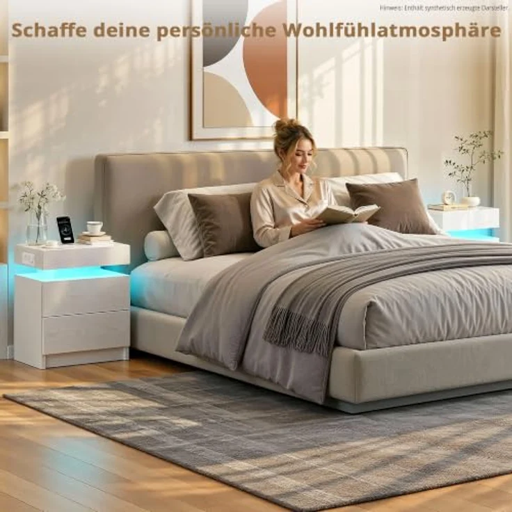IRONCK Nachttisch 2er Set mit LED & Steckdose, Weiß | Nachtkonsole 48x35x60 cm mit USB-Anschluss, 2 Schubladen Modernes Design für Schlafzimmer, Wohnzimmer – Bild 2