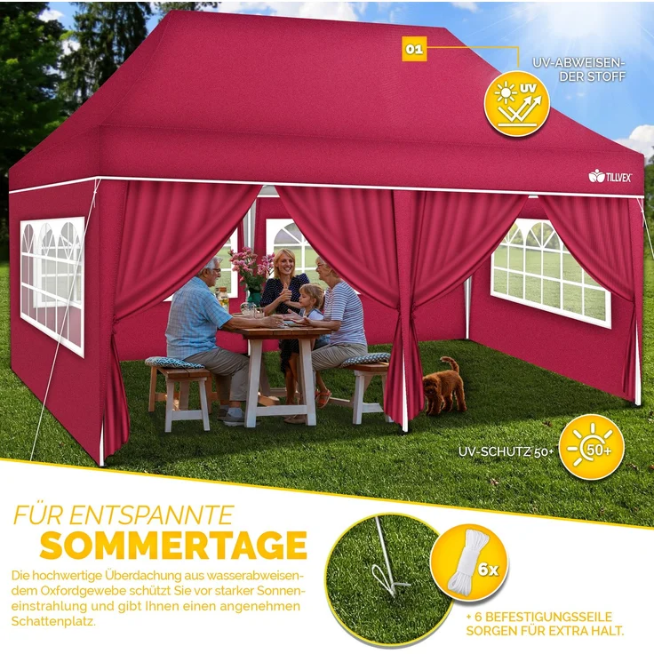 tillvex Pavillon 3x6m - mit 6 Seitenwänden Rot wasserdicht | Pop-Up Faltpavillon höhenverstellbar | Gartenzelt UV Schutz 50+ | Partyzelt mit Tasche für Garten – Bild 8