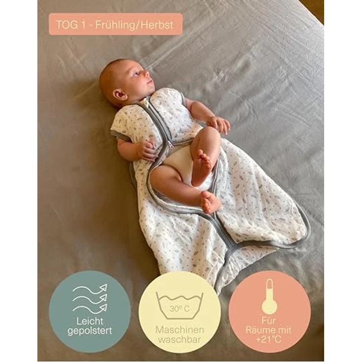 molis&co - Baby Schlafsack ärmellos - Ideal für Frühling und Herbst - Babyschlafsack 1 tog ohne Ärmel - Leicht gepolstert - Babyschlafsack Neugeborene - Premium-Musselin - Baumblättern (95 cm) – Bild 5