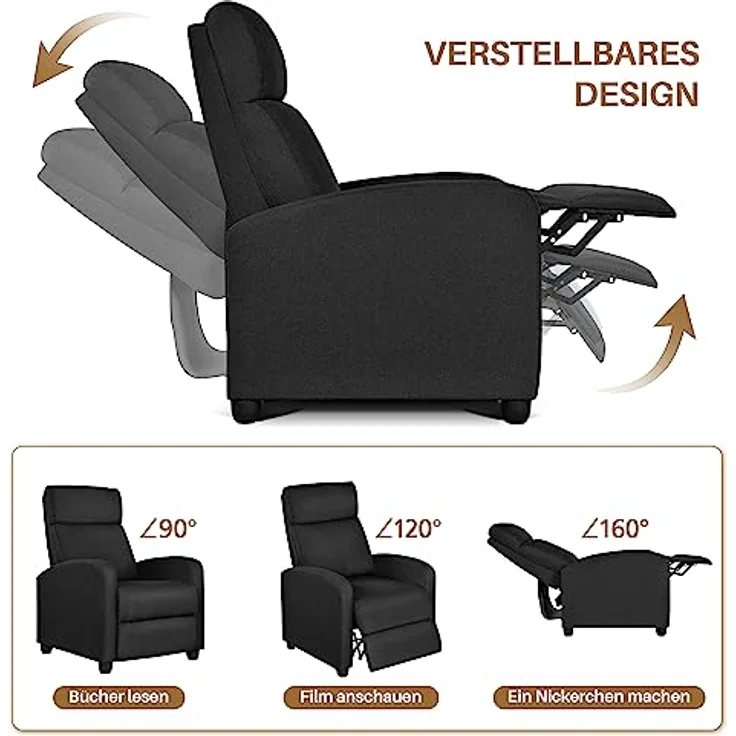 Yaheetech Relaxsessel Fernsehsessel Einzelsofa Ruhesessel mit Verstellbarer Beinablage Liegesessel aus Leinenstoff Schwarz – Bild 8