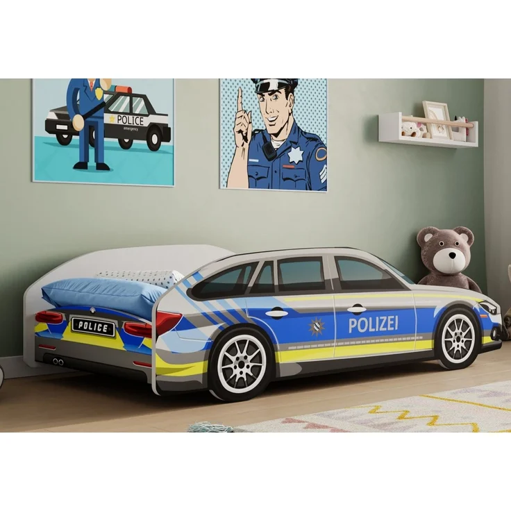 Kids Collective Autobett Kinderbett Jugendbett 70x140 und 80x160 cm Polizei Motiv, mit Rausfallschutz Kinder Spielbett 70x140 cm – Bild 1