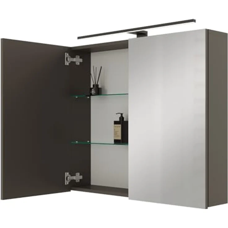 Planetmöbel ARIA Spiegelschrank Bad mit Beleuchtung 80 cm breit | Badschrank hängend mit Spiegel | Anthrazit, mit Leuchte und Steckdose, Spiegelschrank Gäste WC 80 x 70 x 16 cm – Bild 2