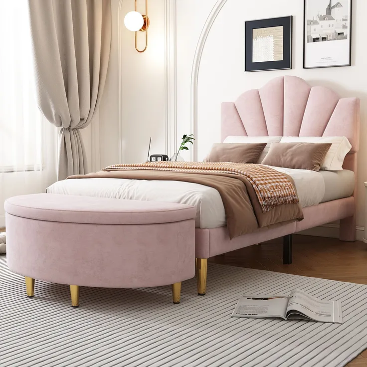 Polsterbett 90×200 cm aus Samt-Stoff mit verstellbarem Kopfteil, rosa