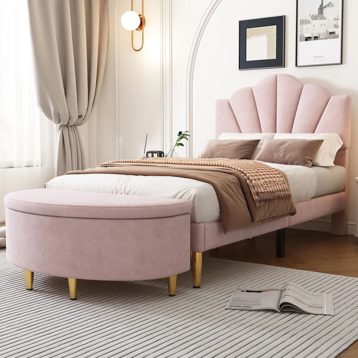 Polsterbett 90×200 cm aus Samt-Stoff mit verstellbarem Kopfteil, rosa – Bild 1