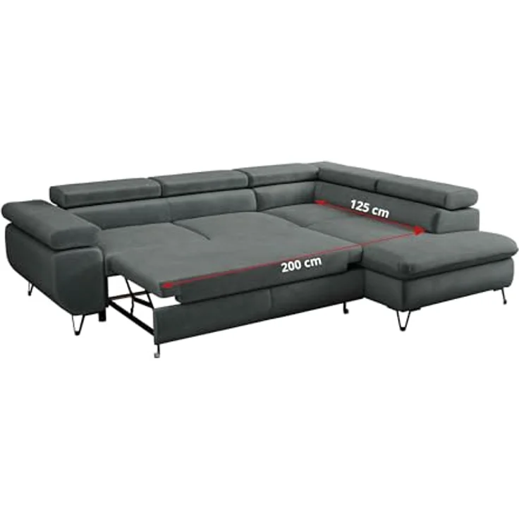Mks Möbel 'Peter L-form' Ecksofa mit Bettfunktion, Bettkasten & einstellbaren Kopfstützen, Dunkelgrau, Mikrofaser, links – Bild 7
