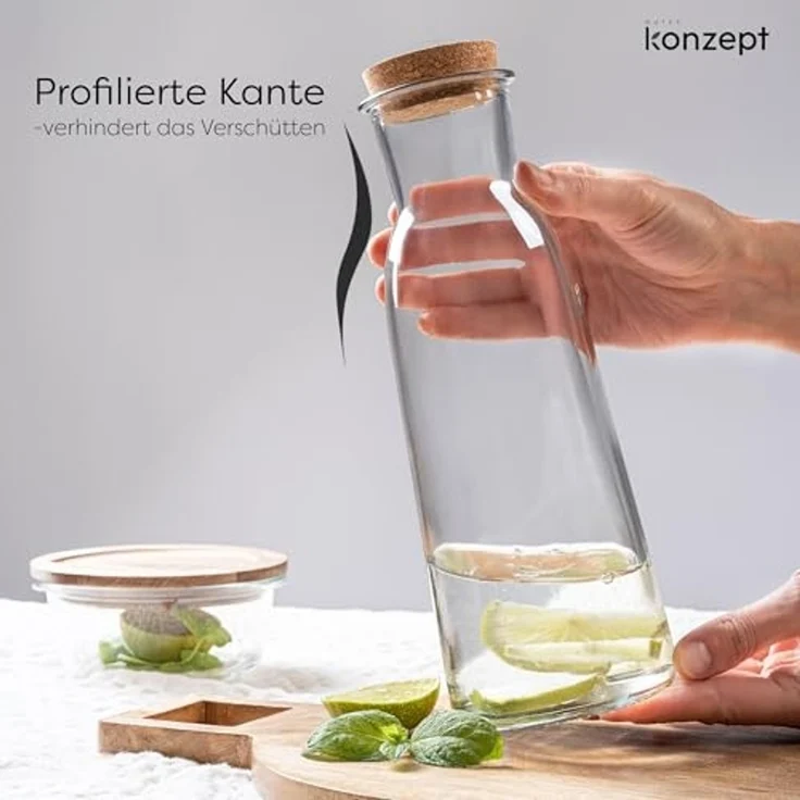 KONZEPT Wasserkaraffe Glaskaraffe mit Korkdeckel, 1 Liter, (Karaffe ideal für Wasser, 1-tlg, Saft, Limonade), ideal für Wasser, Saft, Limonade, Coctails und Milch – Bild 4