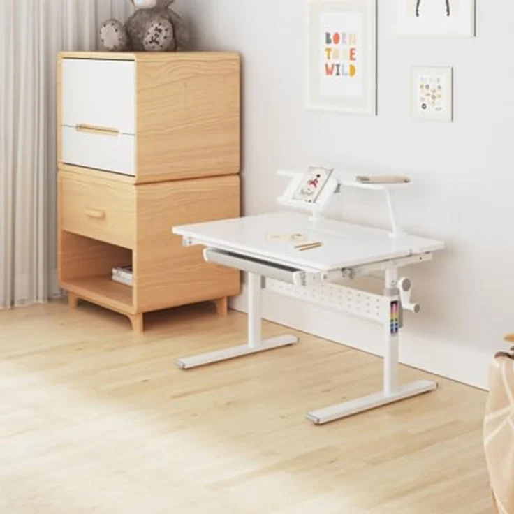 Ergo Office Kinderschreibtisch ER-483, ergonomisch mit Höhenverstellung 54-76 cm und Neigungsverstellung bis 40°, inkl. Ablage und Schublade – Bild 2