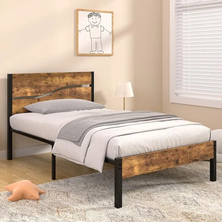 Bettgestell 90x200 cm, Einzelbett mit Metall Lattenrost und Dickem Holzkopfteil, Stabil Geräuschlos, Gästebett und Jugendbett für Schlafzimmer, Braun – Bild 7