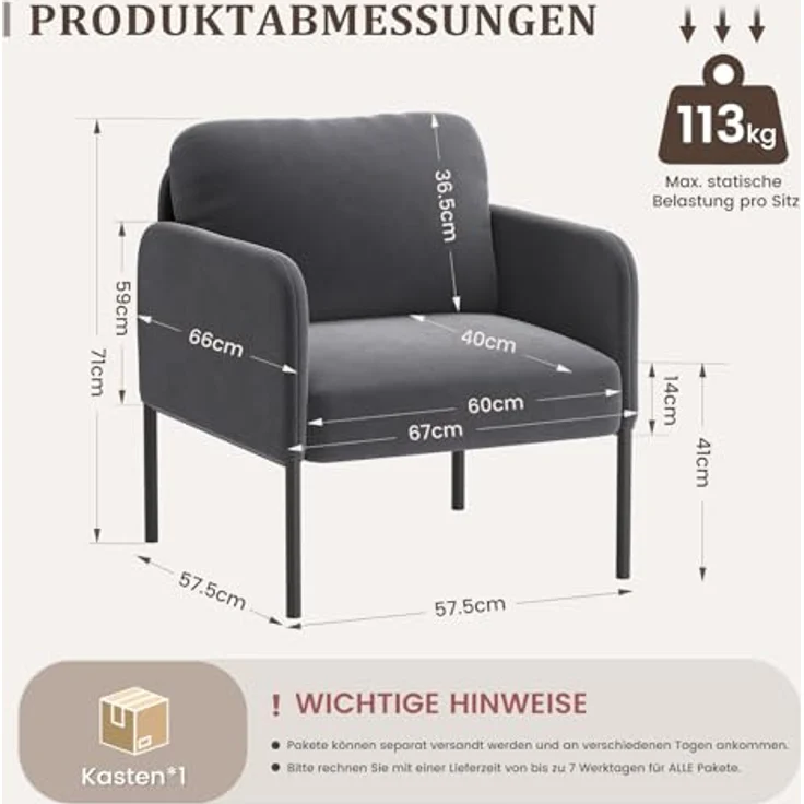 COLAMY Gepolsterter Ohrensessel aus Samt – Moderner Lounge-Sessel mit weicher Rückenlehne, Komfortabler Sessel für Wohnzimmer, Schlafzimmer, Apartment & Leseecke, Grau – Bild 3