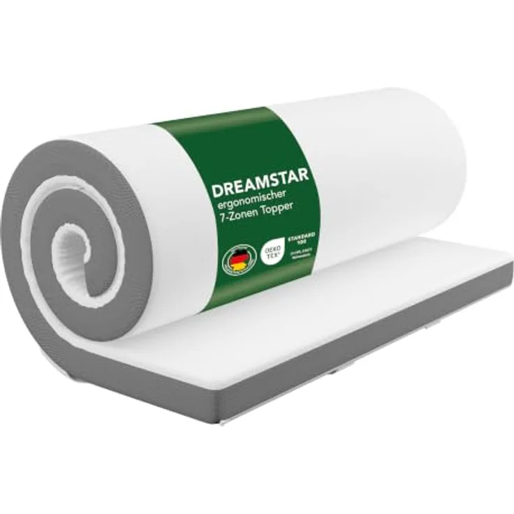 Dreamstar, 7-Zonen Topper mit Gel-Memory- und Komfortschicht, H2/H3, 8 cm hoch, rutschfest, waschbarer Bezug, Weiß