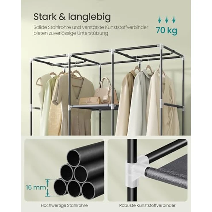 Songmics Kleiderschrank, Garderobe, Kleiderständer mit Vliesstoffbezug, Hängestangen, Ablagen, 45 x 130 x 167 cm, große Kapazität, für Schlafzimmer, Wohnzimmer, Taubengrau RYG096G01, Grau – Bild 5