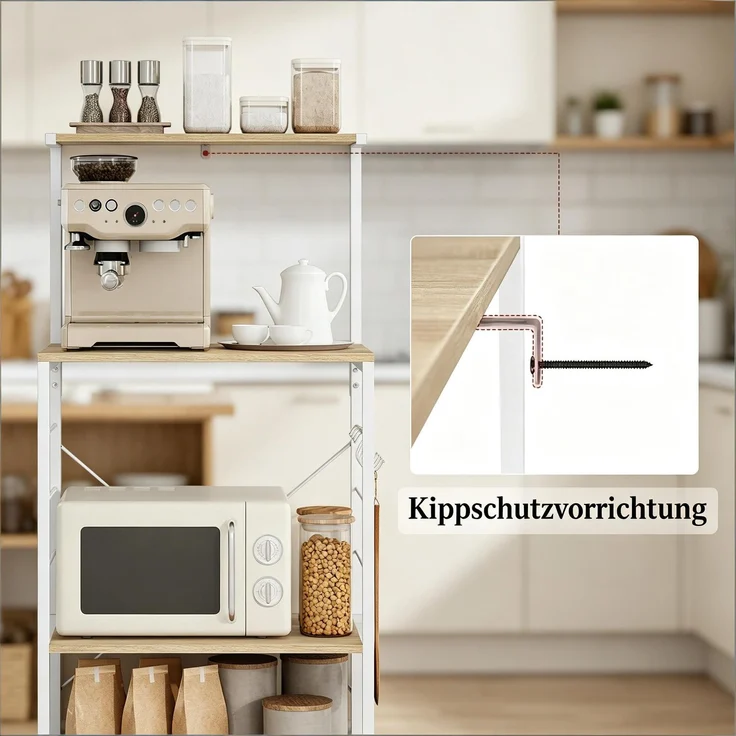 Küchenregal 60x40x123 cm mit 4 Ablagen und Seitenhaken, Weiß/Lichteiche – Bild 7
