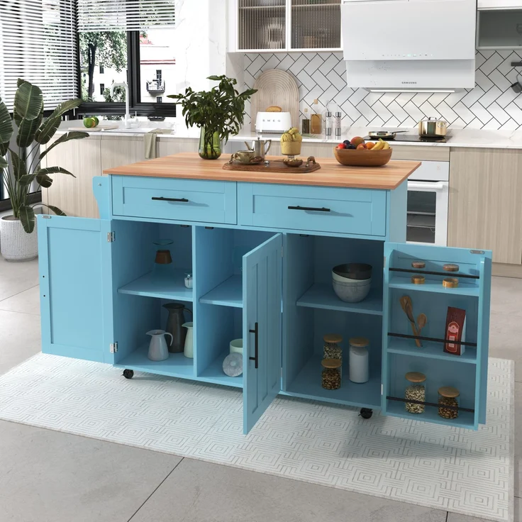 129x46(71)x91,5 cm großer Speisewagen/Sideboard, Arbeitsplatte mit Massivholzmaserung + blauer Schrank/faltbare Arbeitsplatte/Aufbewahrungstür-Design/Räder/Massivholzfüße umschaltbar/für Zuhause geeig – Bild 2