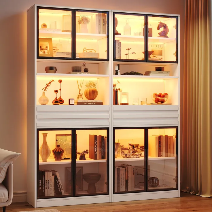 Zweierpackungen Vitrine Display Schrank 80 x 35 x 200 cm aus MDF, Bücherschrank mit 8 Glastüren, 2 Schublade, LED‑Beleuchtung,hohe Schränke, Weinschränke, vitrinen schrank für Wohnzimmer,Weiß--Weiß--160x35x200cm--YOUDENOVA