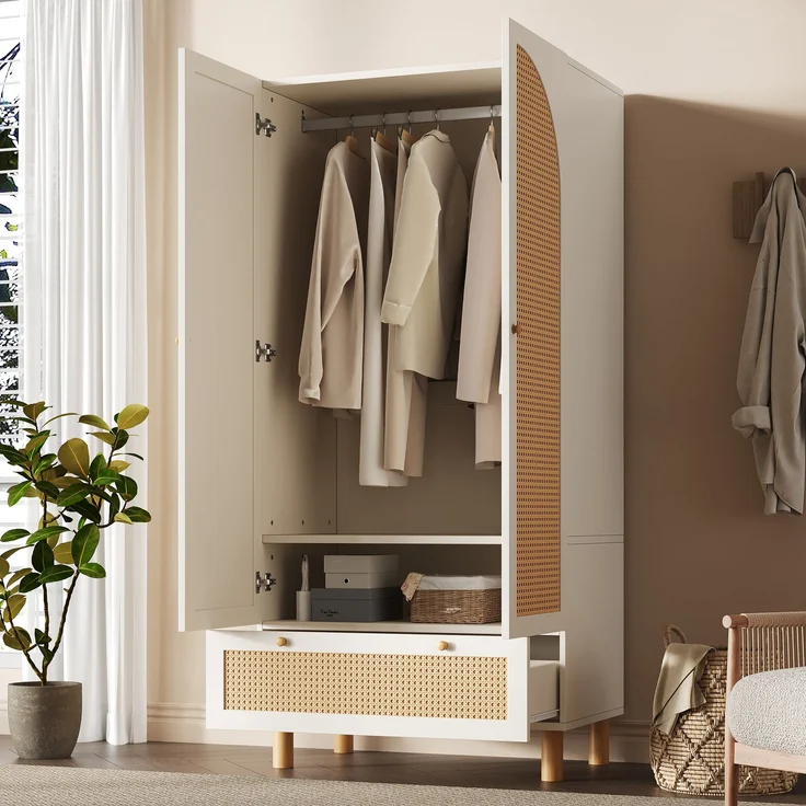 Landhaus Kleiderschrank Weiß Mit Rattan 180x85x52 cm Garderobenschrank Mit Höhenverstellbaren Regalen Und Schublade Hängebereich Landhausstil Wohnzimmerschrank Schlafzimmer Schrank – Bild 2