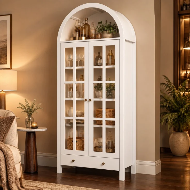 Bogen-Vitrine 75 x 35 x 170,5 cm aus MDF in Weiß mit Acryl-Türen und Schublade – Bild 1