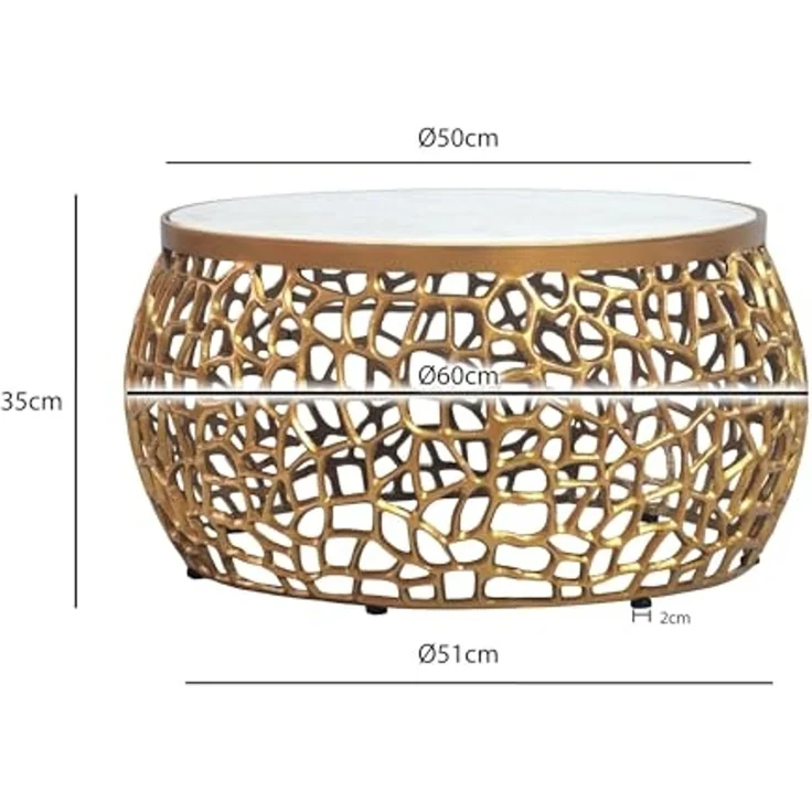 Design Metall Couchtisch Gold mit weißer Marmor Tischplatte 60 cm rund - Aluminium Wohnzimmertisch Modern - Loungetisch Alu Beistelltisch Wohnzimmer Handmade – Bild 3