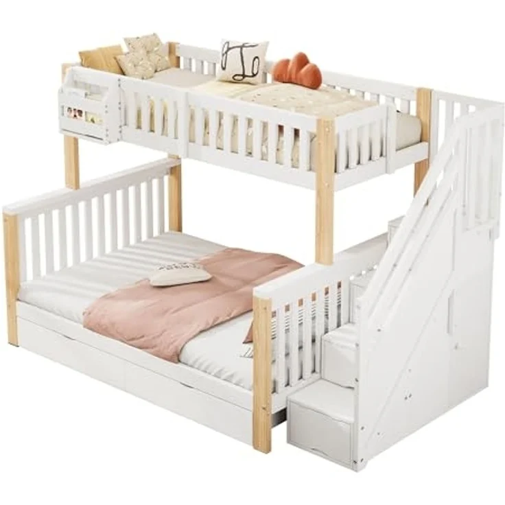 Odikalo Kinderbett Etagenbett Doppelbett Ablagekorb Schublade Treppenschrank 90/140*200cm (Kinder-Etagenbett, Doppelbett, multifunktionales Kinderbett mit Ablagekorb, mit Schublade, mit Treppenschrank, mit Ablageschrank, ohne Matratze, weiß + naturfarben) – Bild 4