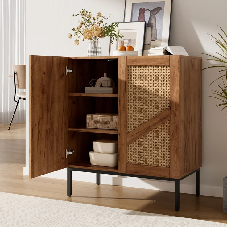 Sideboard 70 x 38,5 x 80 cm in natürlicher Holzoptik mit PE-Rattan-Türen und verstellbaren Einlegeböden – Bild 4