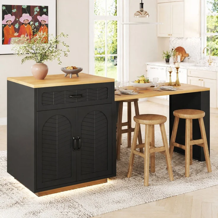 Kücheninsel 80x70x95,5 cm in Schwarz mit Ausziehtisch, Stauraum und Weinregal – Bild 5