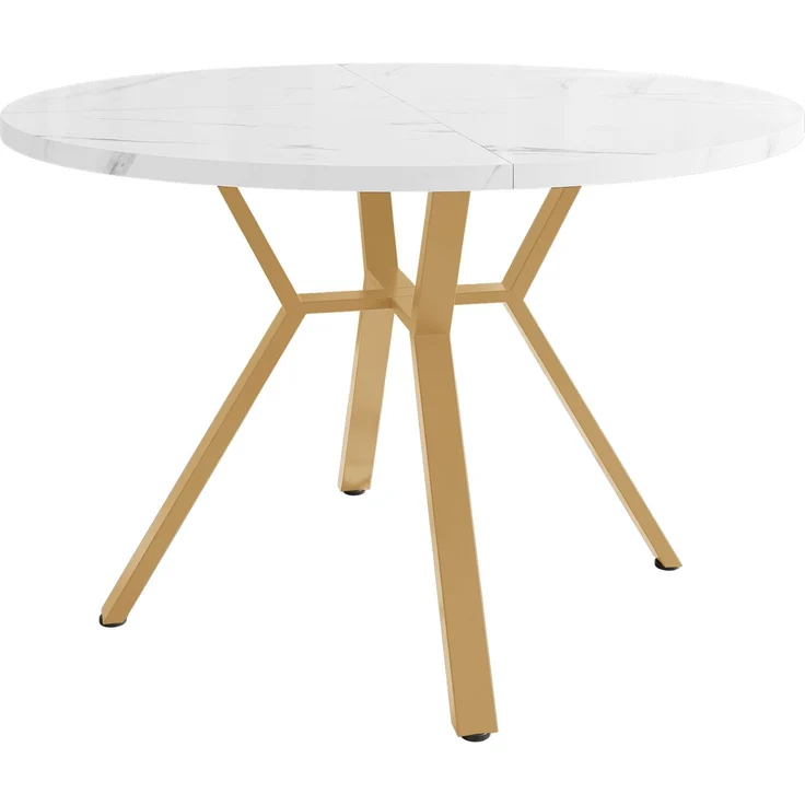 Moderner und schlichter runder Marmor-Esstisch (Durchmesser 1 m), goldener X-förmiger Couchtisch mit Metallhalterung, stabil und langlebig, ein Muss für modische Häuser – Bild 3