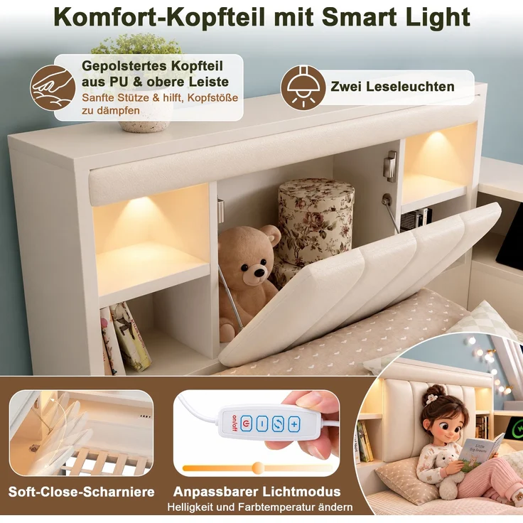 Tagesbett 140x190 cm mit Ausziehbett, Stauraum, Leseleuchten und USB-Anschlüssen – Weiß (ohne Matratze) – Bild 7