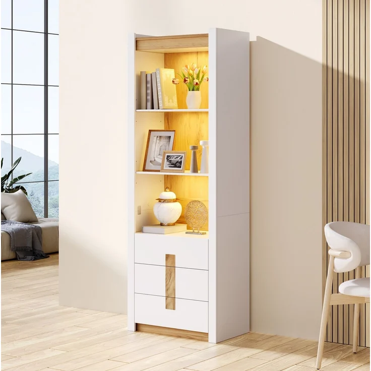 Vitrinenschrank 63 x 41,5 x 200 cm mit LED-Beleuchtung, 3 Schubladen und verstellbaren Einlegeböden – Bild 3