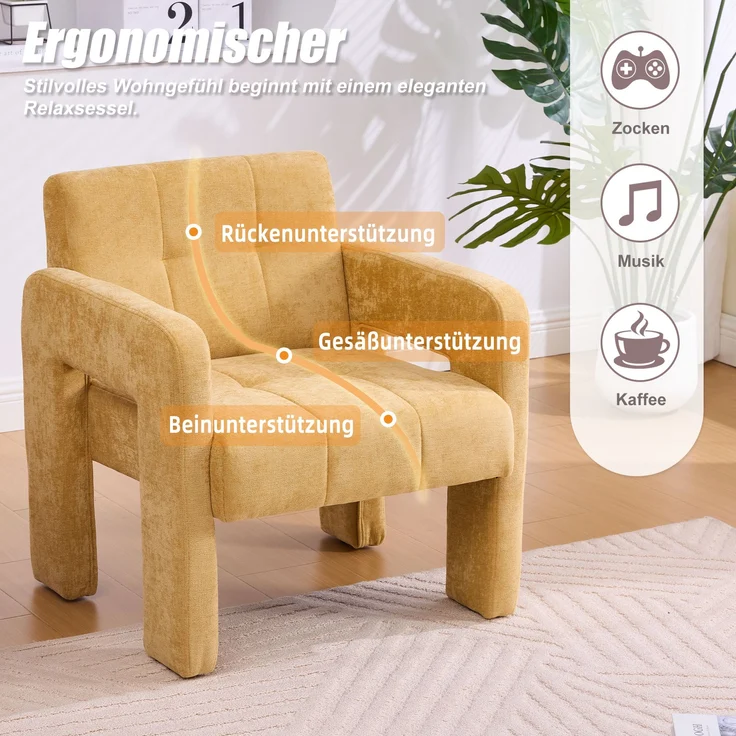 Sessel Chenille modern Relaxsessel Wohnzimmer Sitzlandschaft Lounge Sitz,Senfgelb – Bild 8
