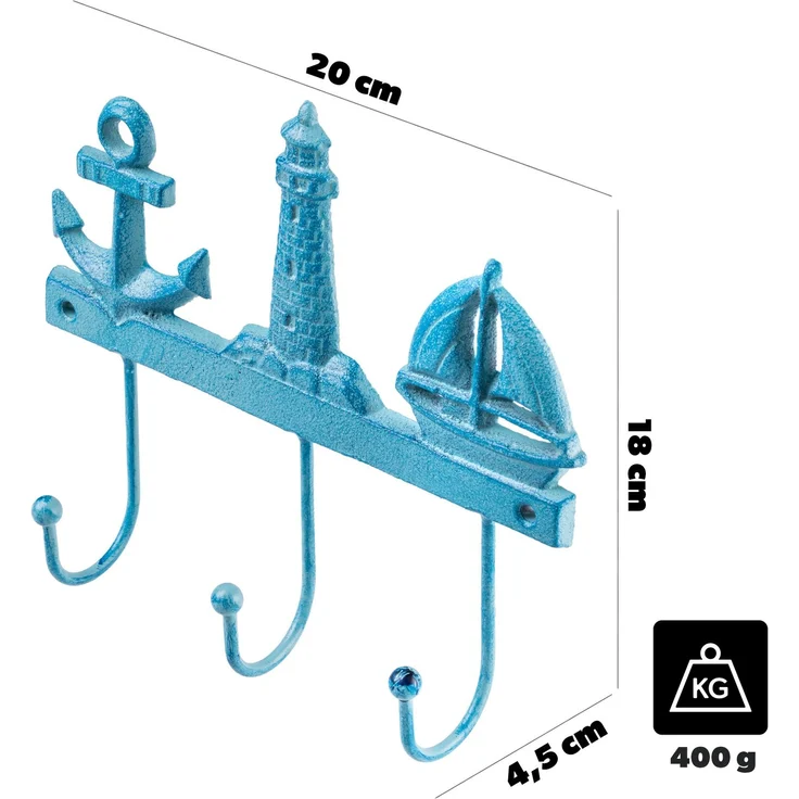 KADAX Maritime Hakenleiste aus Gusseisen 20 x 18 cm, Wandgarderobe mit 3 Haken, Kleiderhaken für Bad & Strandhaus, Garderobenleiste zur Wandmontage (Blau) – Bild 3