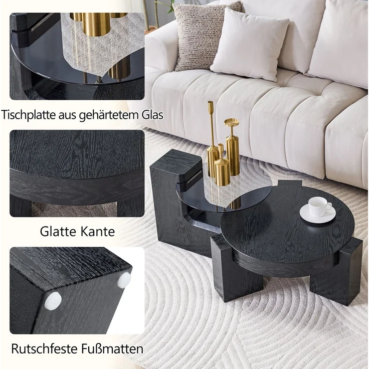 DESVIAE Couchtisch-Set 2-tlg. mit Sicherheitsglas, Ø61x30 cm, MDF in Schwarz Holzoptik – Bild 6