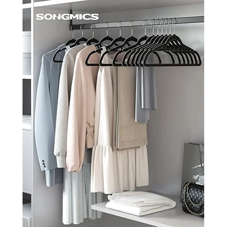 SONGMICS Kleiderbügel Samt, 20er Set, Bügel, rutschfest, kleine Stange für Krawatten, 360° drehbarer Haken, 0,6 cm dick, platzsparend, 43,5 cm lang, für Mäntel, Hosen, Silber-Schwarz CRF20B – Bild 1