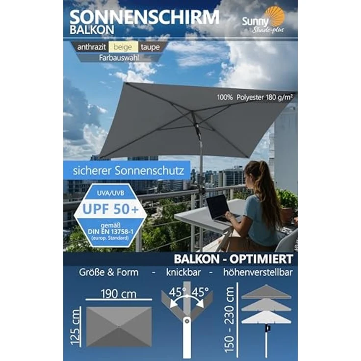 4smile Sonnenschirm Balkon SunnyShade, Sonnnenschutz Balkon SET 3-in-1, Anthrazit - UV50+ SunnyGuy Sonnenschirm rechteckig 200x125 cm + Sonnenschirmhalter Balkongeländer + Sonnenschirmhülle – Bild 4