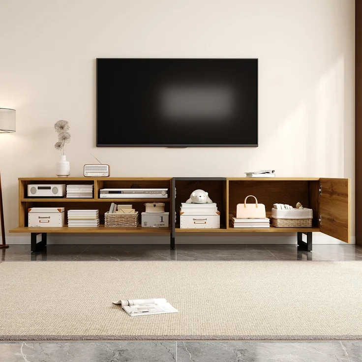 Merax 170cm TV-Schrank, einfaches Kontrastfarbdesign, drei Türen und zwei Fächer, U-förmige Metallbeine, Retro-Holzmaserung – Bild 3
