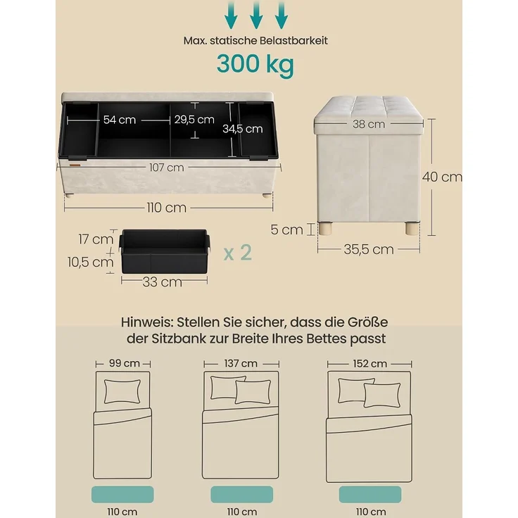 SONGMICS Sitzbank mit Stauraum, Hocker faltbar, 38 x 110 x 40 cm, Aufbewahrungsbox mit Deckel, Fußhocker 112 L, Samt, bis 300 kg belastbar, Flur Wohnzimmer Schlafzimmer – Bild 3