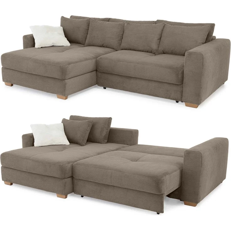 Ecksofa-Dauerschläfer Federkern Couch seitenverkehrt Bettkasten Cord Braun Taupe – Bild 9
