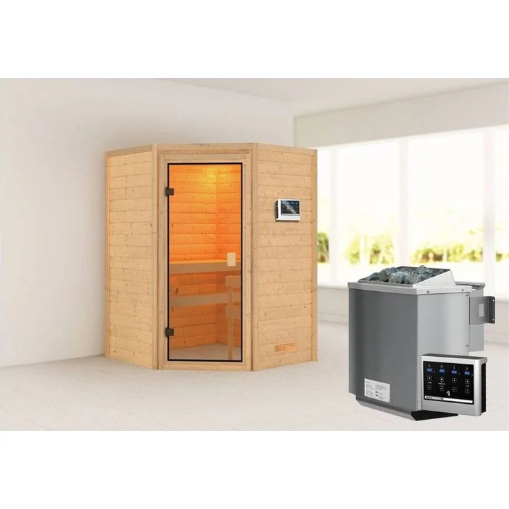 Karibu Ecksauna Antonia + 9kW BIO-Kombiofen mit ext. Steuerung Easy – Bild 1