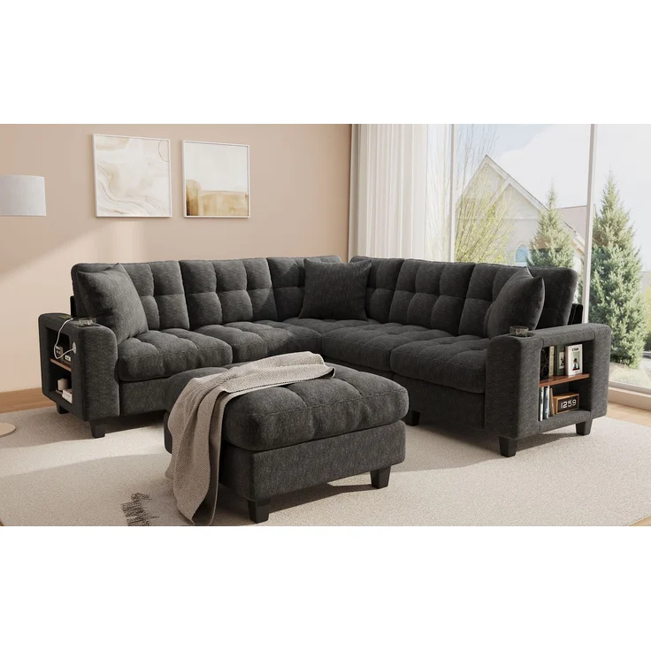 ZUBALIYA Modulare Wohnlandschaft, mit Stauraum, mit USB-C-Anschluss, modular kombinierbar, mit Getränkehaltern, mit Hocker, H 83 × T 216.5 × B 216.5 cm, Grau, Chenille – Bild 21