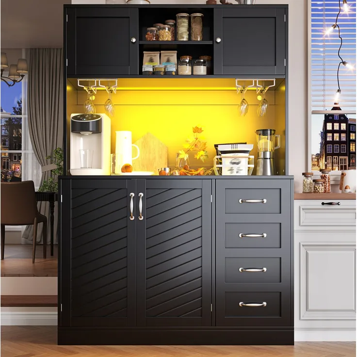 Buffetschrank 120 x 40 x 188 cm mit LED, 4 Türen, Schubladen und Getränkehaltern
